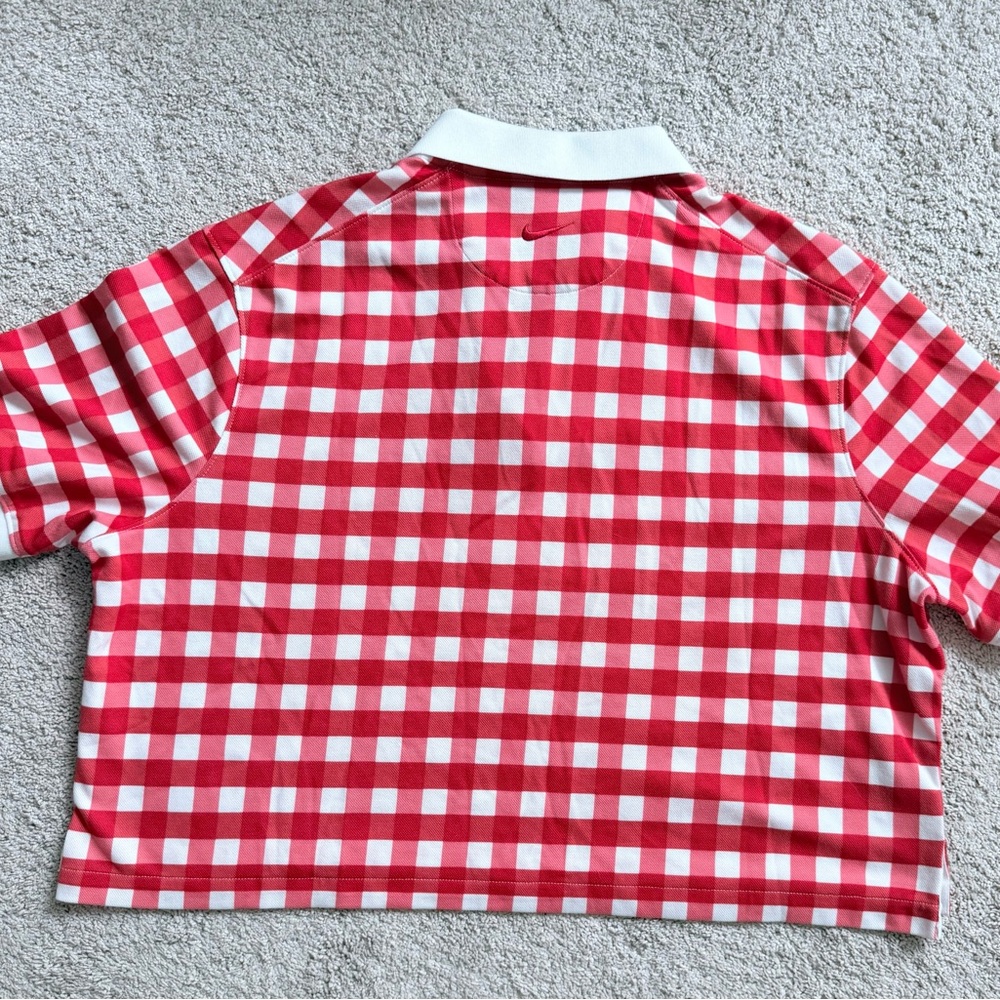 The Nike Polo Golf Dri-Fit Red White Plaid Loose Fit Cropped Polo Shirt Top L - Picture 7 of 14